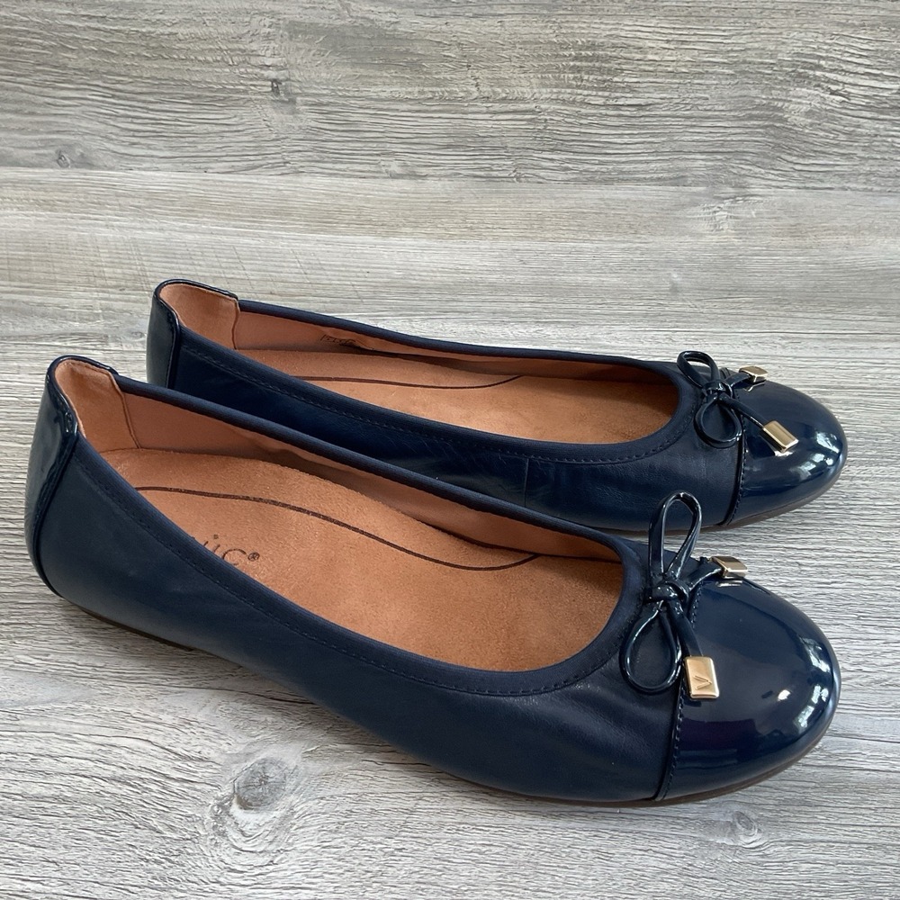 Vionic Minna Womens 8 US Ballet Flats Navy Leather Patent Cap Toe Comfort Shoes